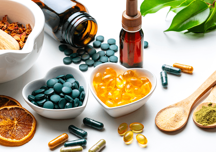 Vitamins in heart shaped bowls